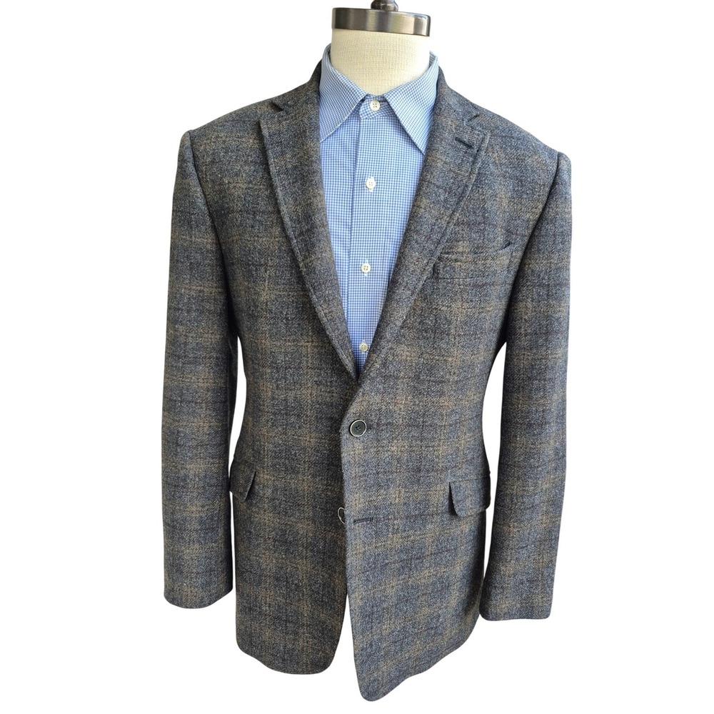 JOE Joseph Abboud Mens Grey Brown Plaid Tweed Sport Coat Elbow Patches Sz 42R
